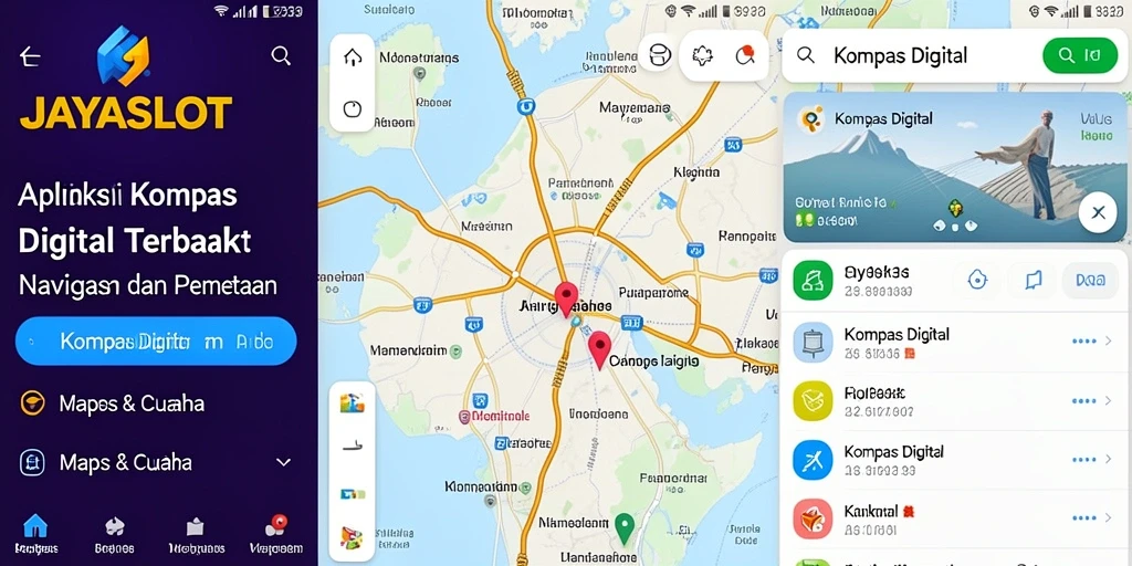 Tampilan antarmuka utama JAYASLOT yang menampilkan kompas digital dan cuaca.