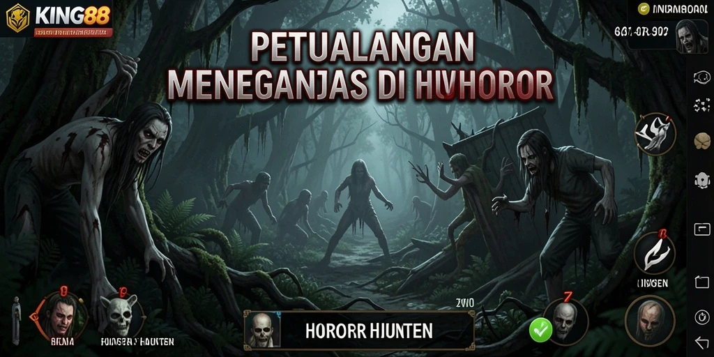 Antarmuka permainan KING88 yang menakutkan dan mendebarkan di hutan horor.