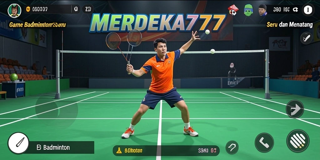 Antarmuka permainan <strong>MERDEKA777</strong> menampilkan karakter dan arena badminton yang menarik.